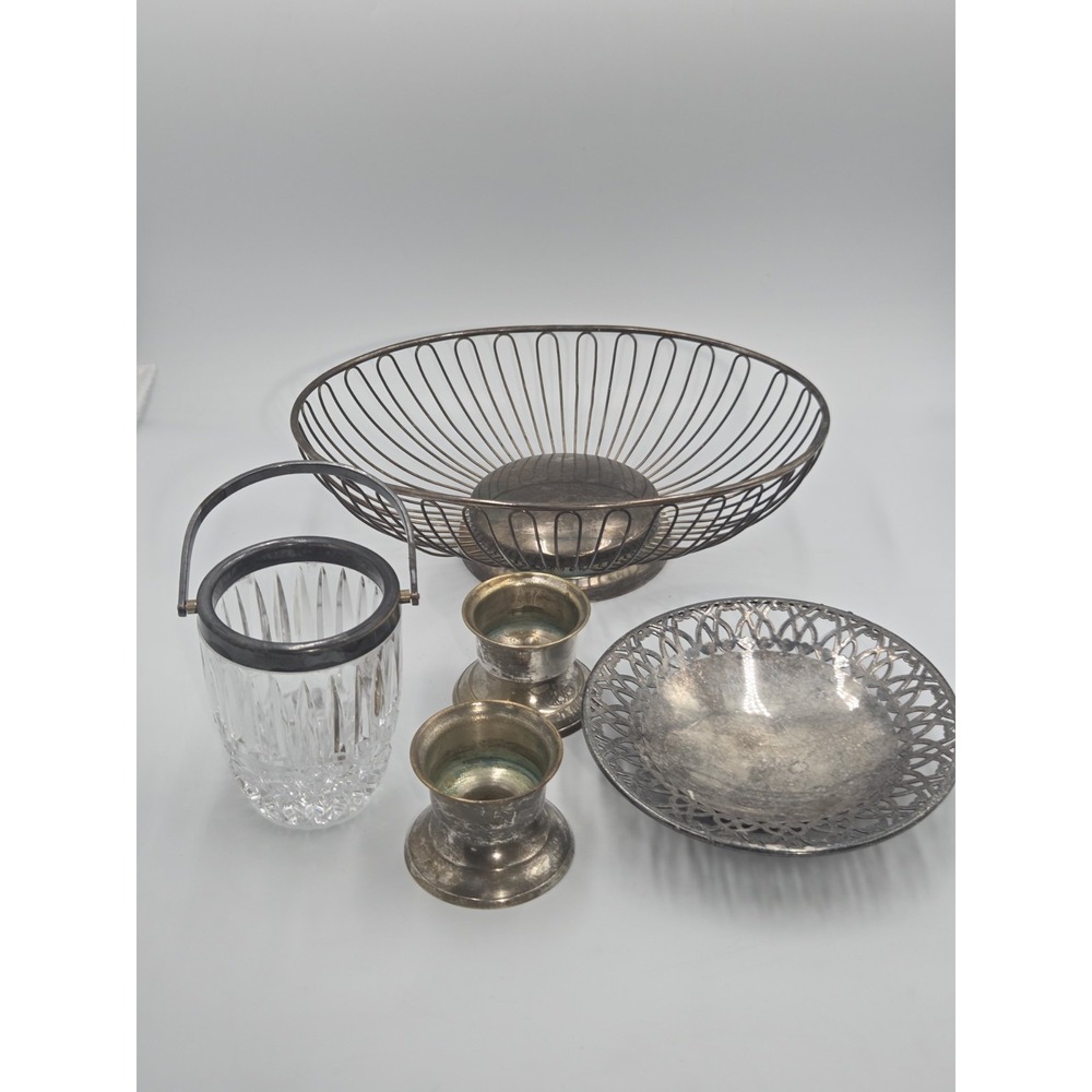 MCM Vtg Wire Silverplated Bread Basket Crystal Candle Holder Bowl Taper Holders